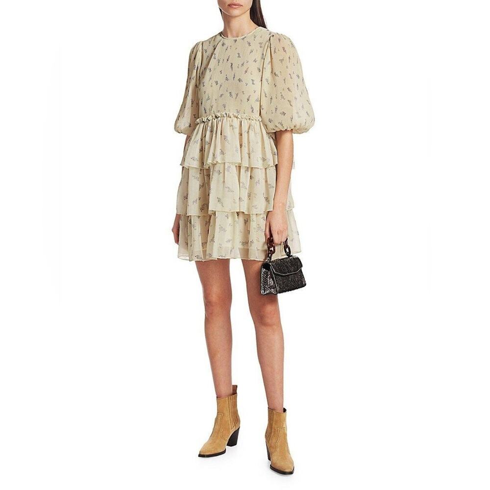 GANNI Size 40/ US Large Floral Print Pleated Georgette Babydoll Mini Dress